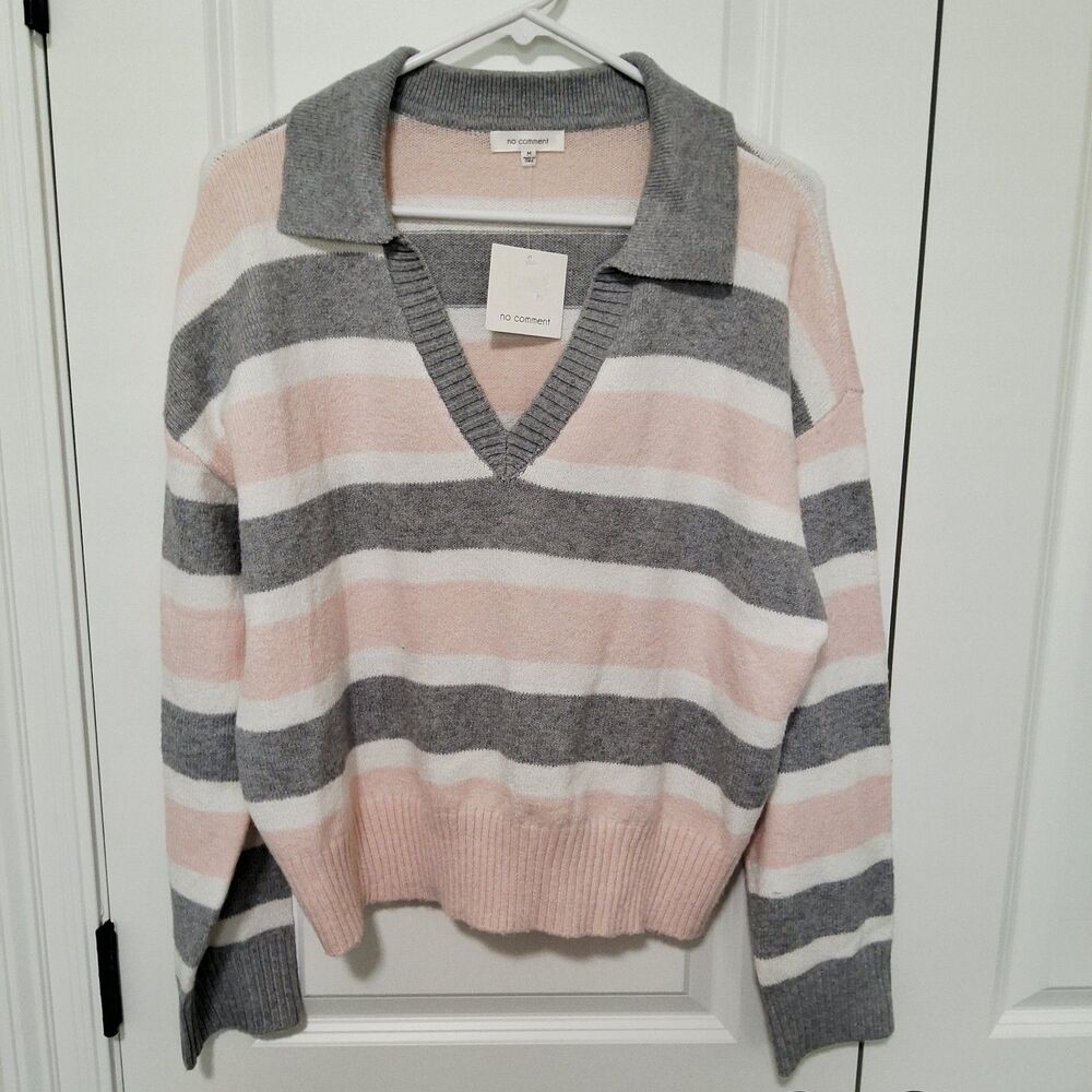No Comment Pink & Grey Striped V-Neck Polo Sweater Fall Fashion Size Medium NWT